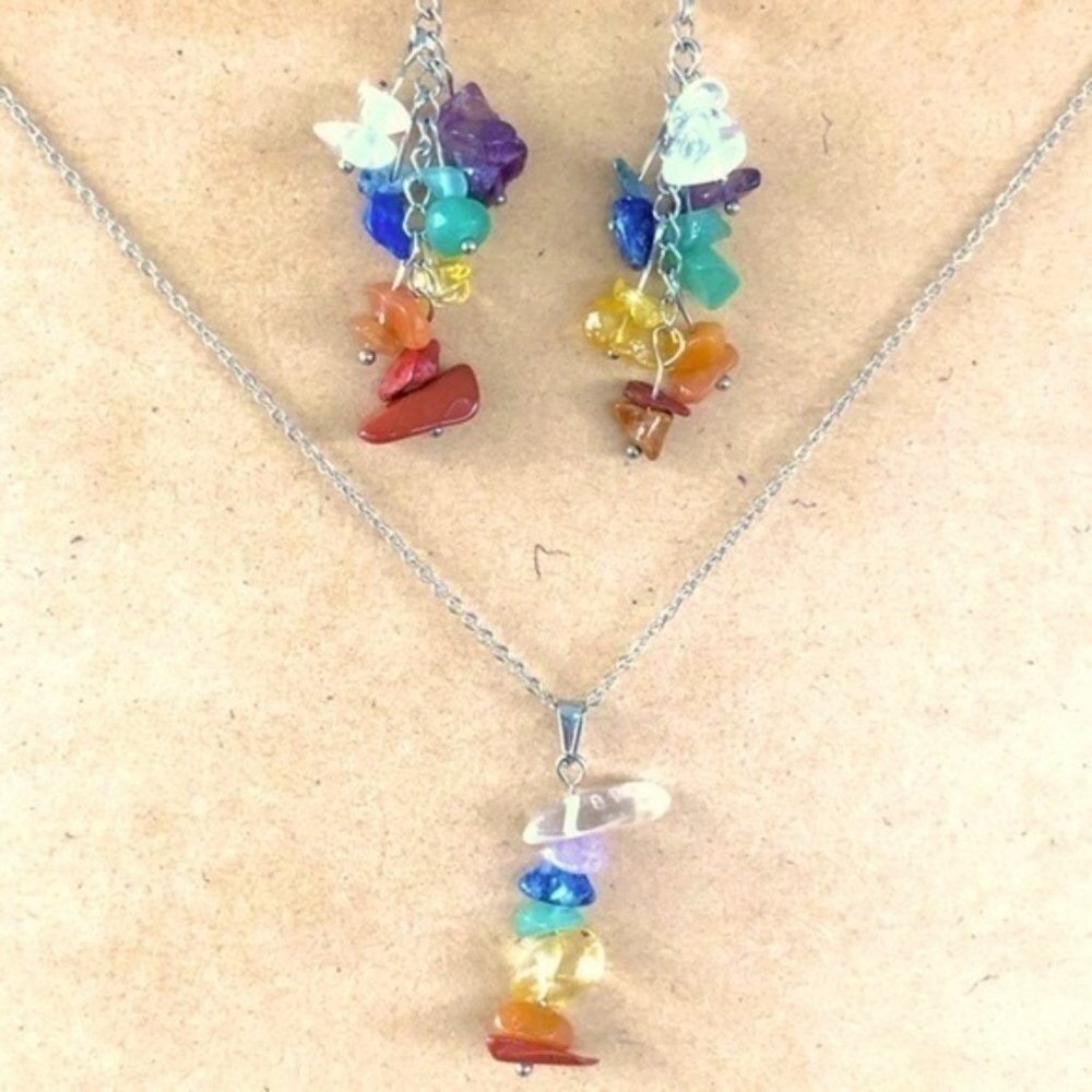 new Handmade Chakra Reiki Rainbow Real Stone Necklace & Earring Set NWT